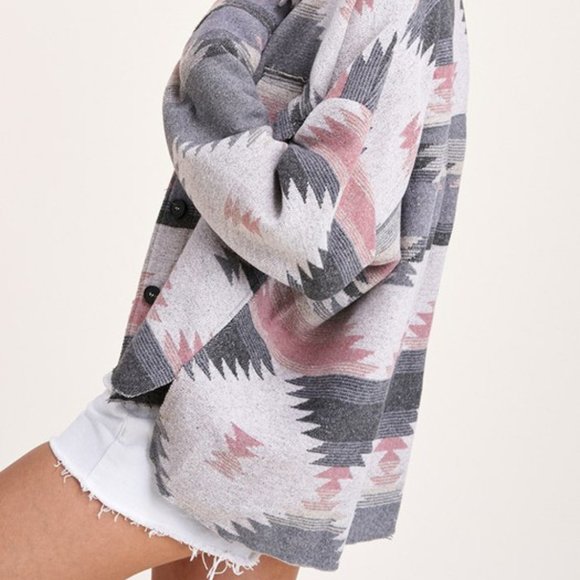 Lavish Brand Pink Aztec Button Down Cozy Long Sleeve High Low Shacket Jacket - Picture 3 of 4